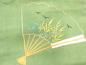 アンティーク　絽扇に鳥・草葉模様刺繍名古屋帯